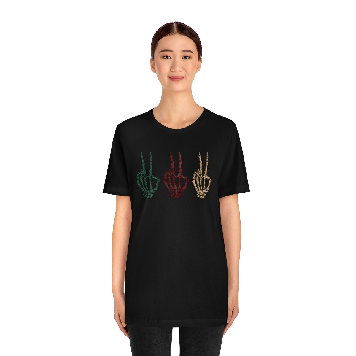 Three Peace Signs Skeleton Hands Spooky Merry Christmas Script Tshirt