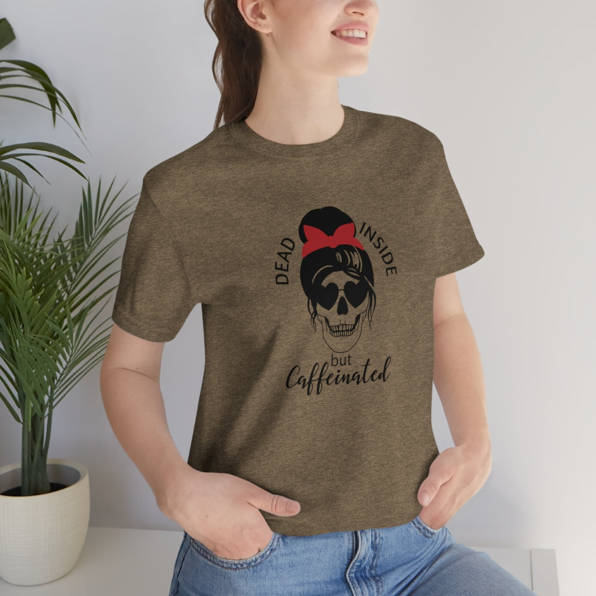 Dead Inside but Caffeinated Skeleton TShirt, Funny Shirt, Halloween Coffee Lover Gift on Unisex Jersey Short Sleeve Tee