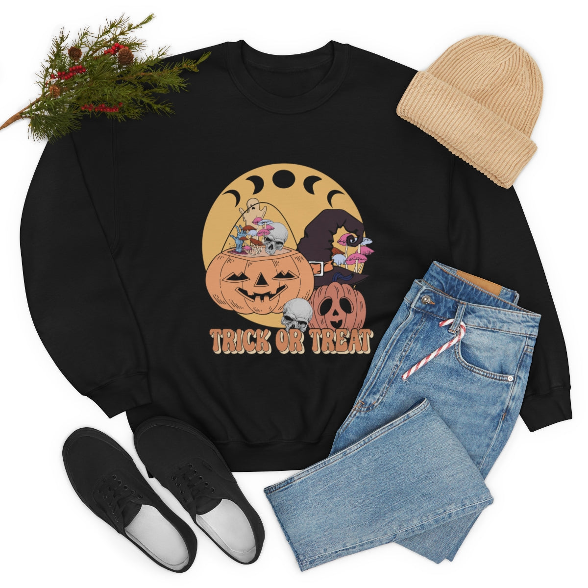 Trick or Treat Vintage Halloween Style Sweatshirt, Halloween Crewneck Sweatshirt, Halloween Sweater, Spooky Season, Fall Theme on Unisex Heavy Blend™ Crewneck Sweatshirt