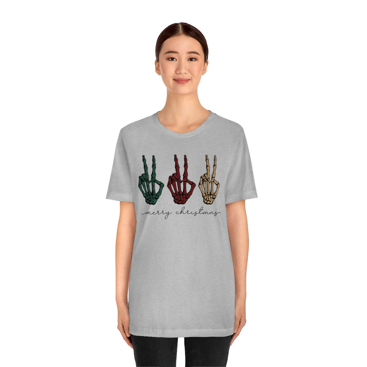 Three Peace Signs Skeleton Hands Spooky Merry Christmas Script Tshirt