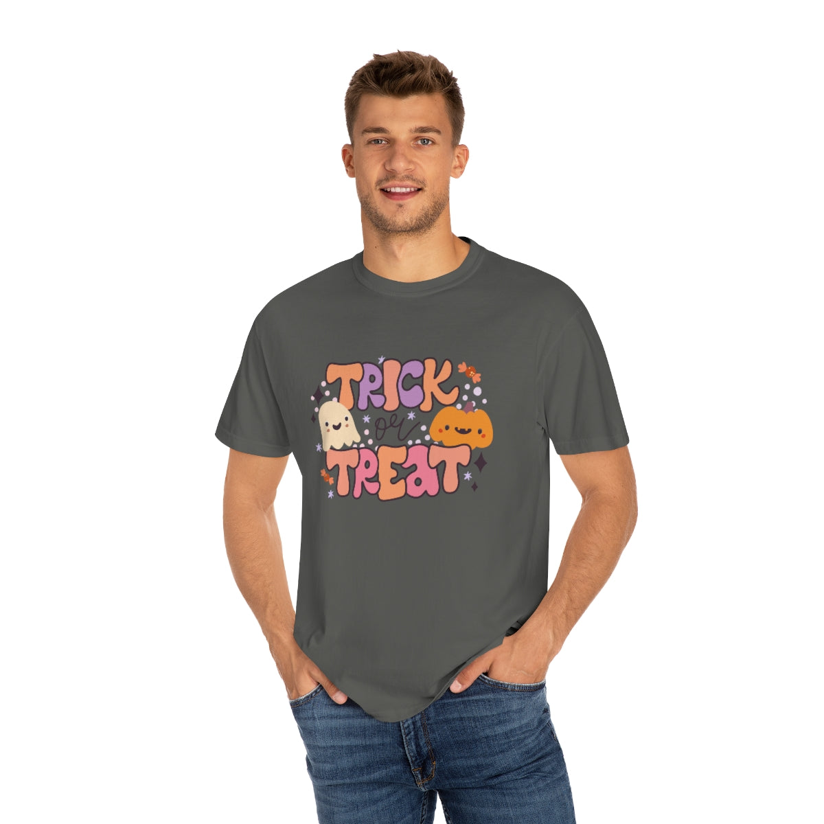 Trick or Treat Pumpkin Halloween Design, Halloween Tshirt, Funny Tshirt Design on Unisex Garment-Dyed T-shirt