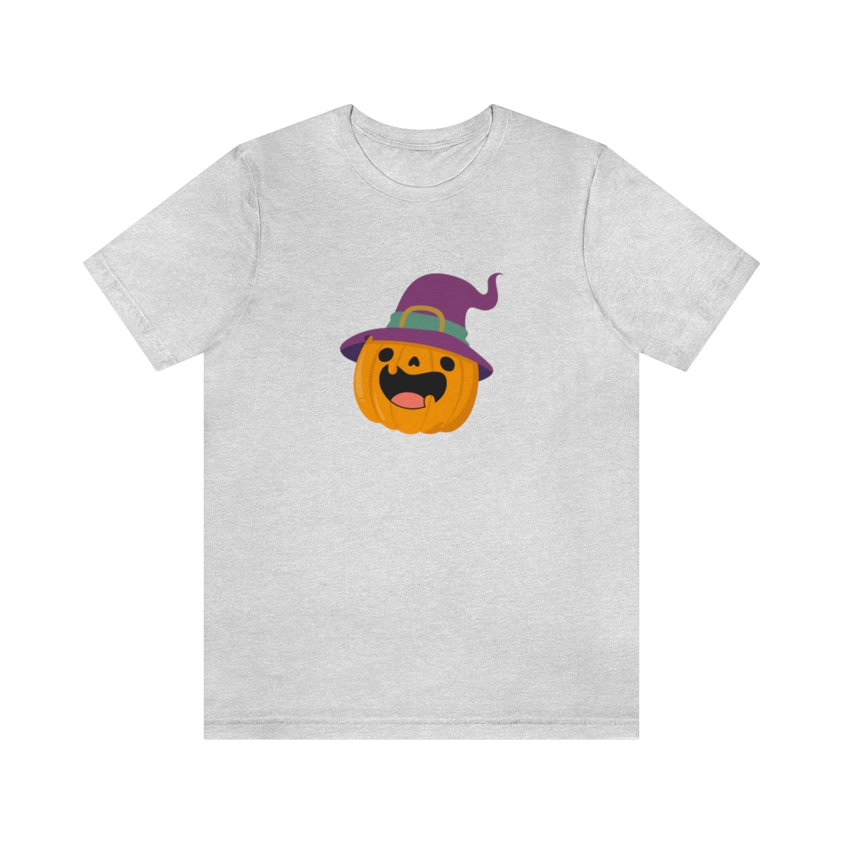 Pumpkin with Purple Hat Happy Halloween Tshirt, Funny Halloween T-Shirt Design on Unisex Jersey Short Sleeve Tee