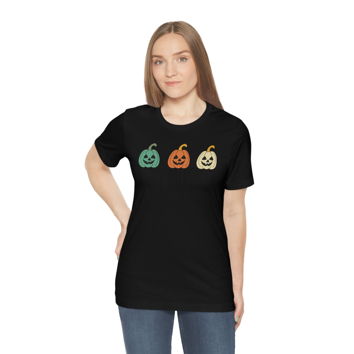 Three Pumpkins Retro Cute Happy Halloween TShirt Design on Unisex Jersey Short Sleeve Tee