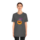 Pumpkin with Purple Hat Happy Halloween Tshirt, Funny Halloween T-Shirt Design on Unisex Jersey Short Sleeve Tee