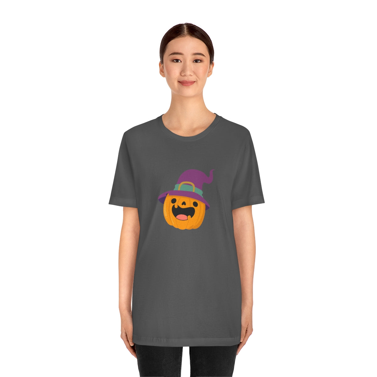 Pumpkin with Purple Hat Happy Halloween Tshirt, Funny Halloween T-Shirt Design on Unisex Jersey Short Sleeve Tee