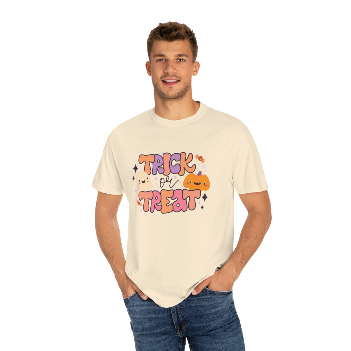 Trick or Treat Pumpkin Halloween Design, Halloween Tshirt, Funny Tshirt Design on Unisex Garment-Dyed T-shirt