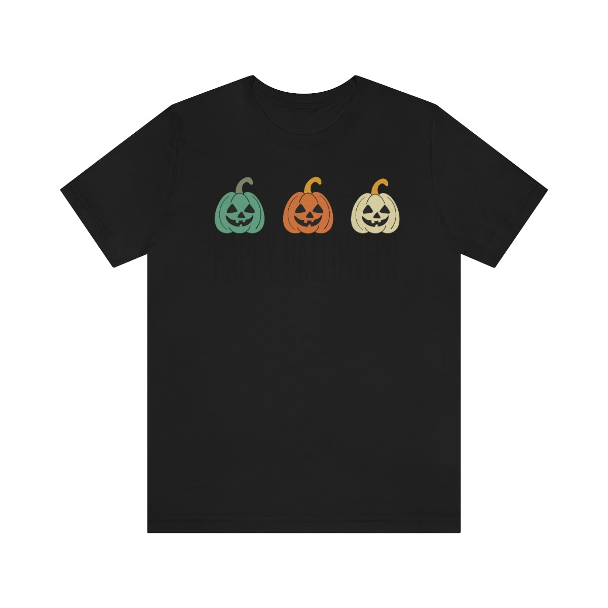 Three Pumpkins Retro Cute Happy Halloween TShirt Design on Unisex Jersey Short Sleeve Tee