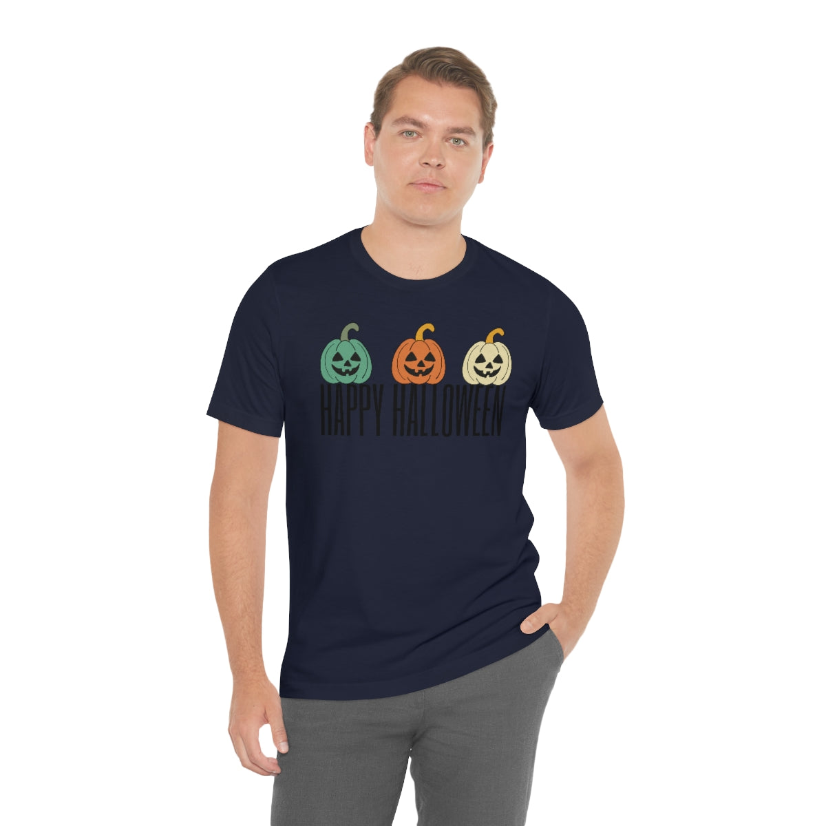 Three Pumpkins Retro Cute Happy Halloween TShirt Design on Unisex Jersey Short Sleeve Tee