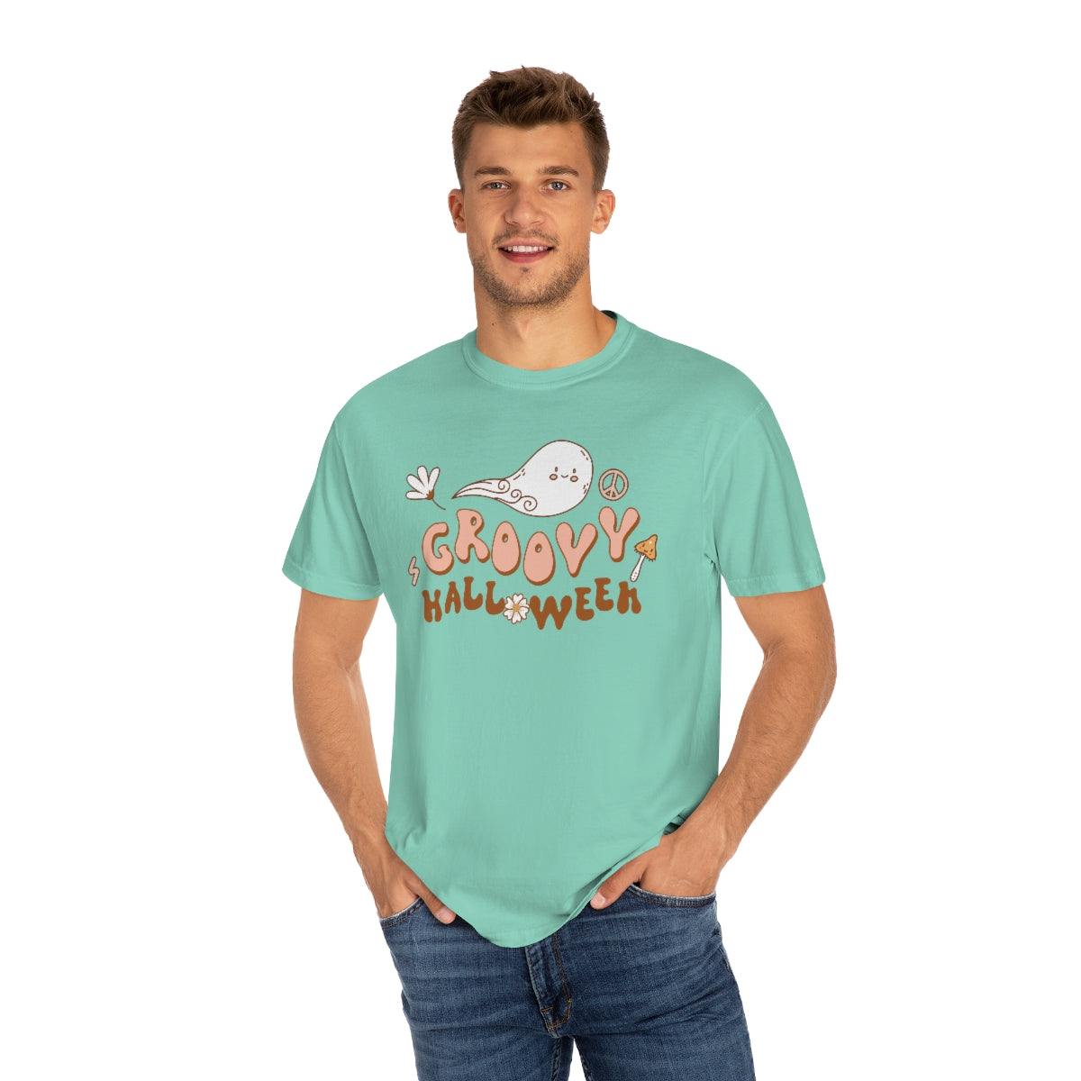 Happy Groovy Halloween Cute Retro Lettering Design, Halloween Tshirt, Funny Tshirt Design on Unisex Garment-Dyed T-shirt