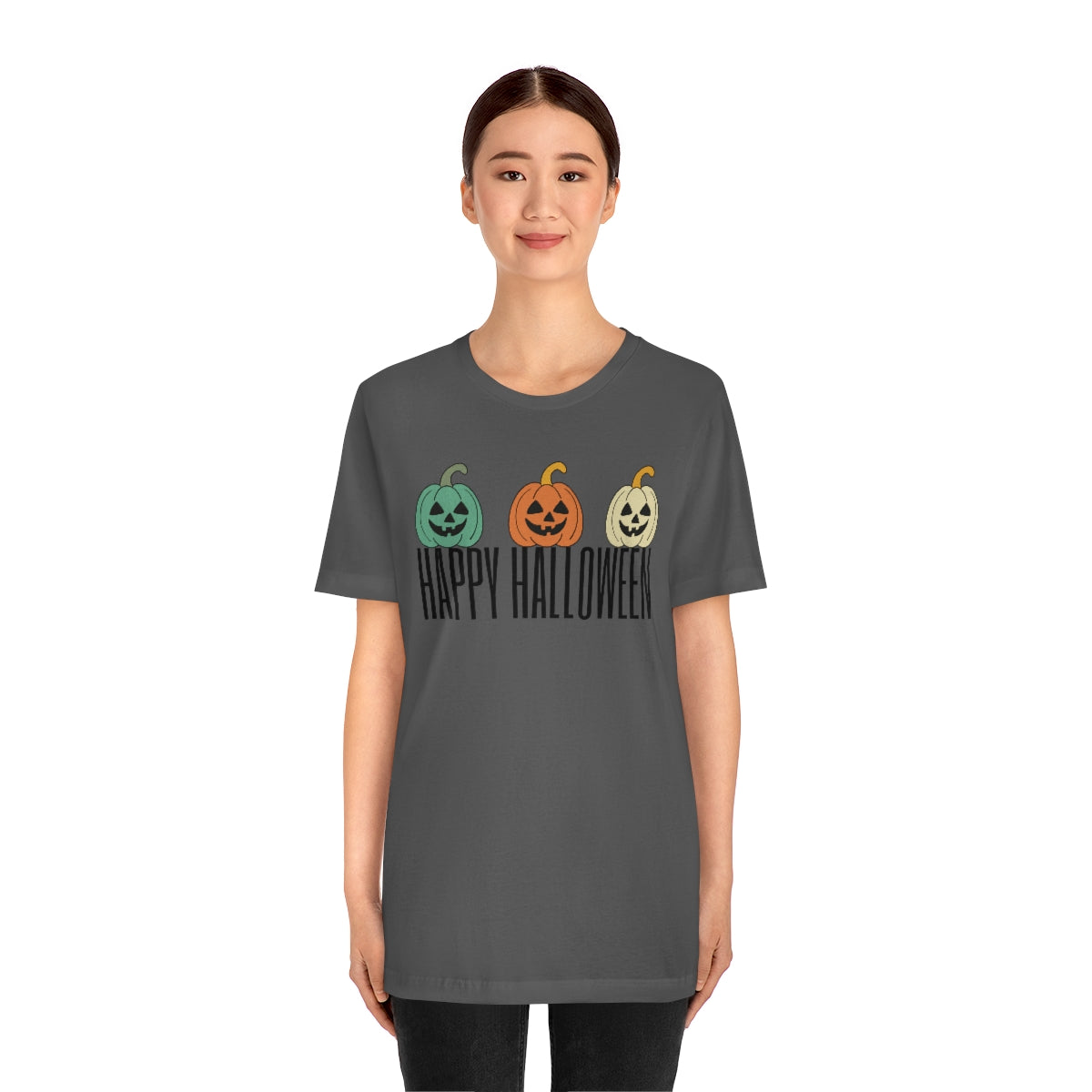 Three Pumpkins Retro Cute Happy Halloween TShirt Design on Unisex Jersey Short Sleeve Tee