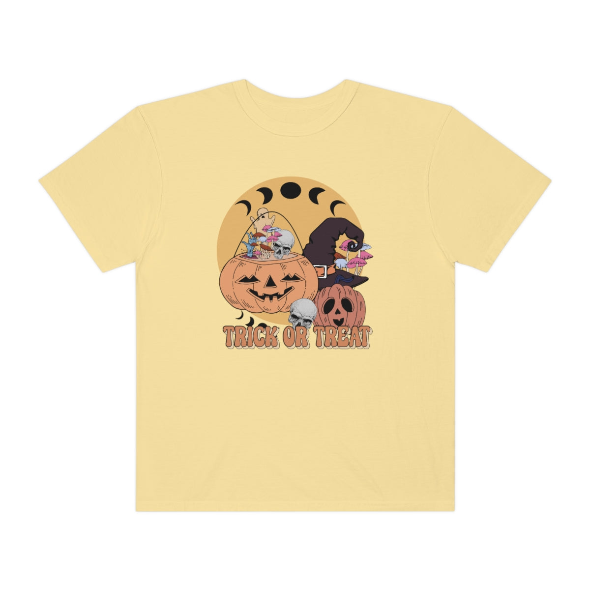 Trick or Treat Retro Vintage Style Halloween Teeshirt Design on Unisex Garment-Dyed T-shirt