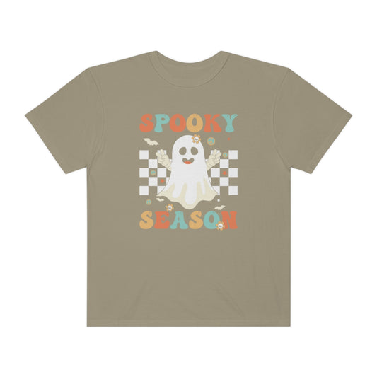 Spooky Season Halloween with Checkerboard Cute Retro Design, Halloween Tshirt, Funny Tshirt Design on Unisex Garment-Dyed T-shirt