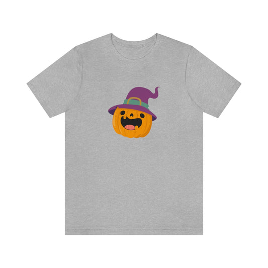 Pumpkin with Purple Hat Happy Halloween Tshirt, Funny Halloween T-Shirt Design on Unisex Jersey Short Sleeve Tee