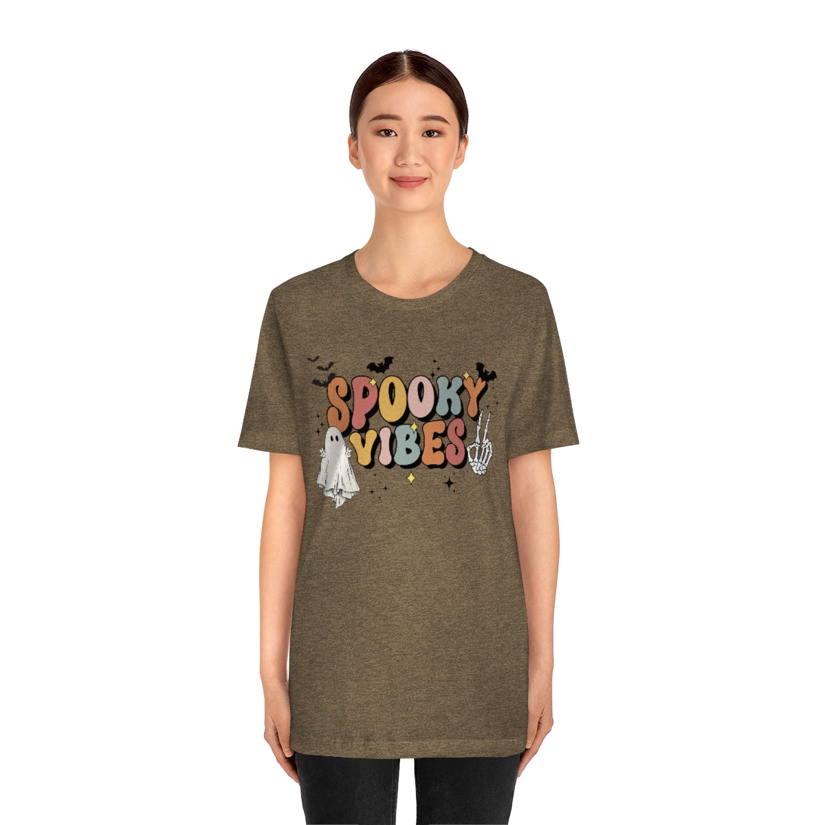 Spooky Vibes Retro Letters with Ghost TShirt, Funny Shirt, Halloween Lover Gift on Unisex Jersey Short Sleeve Tee