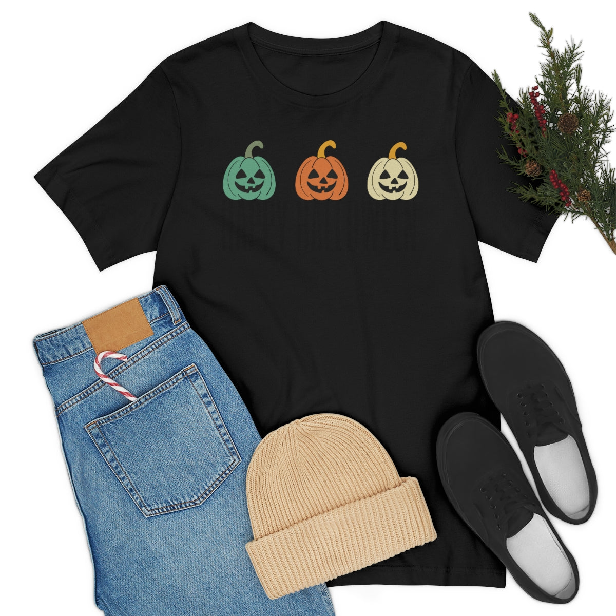 Three Pumpkins Retro Cute Happy Halloween TShirt Design on Unisex Jersey Short Sleeve Tee