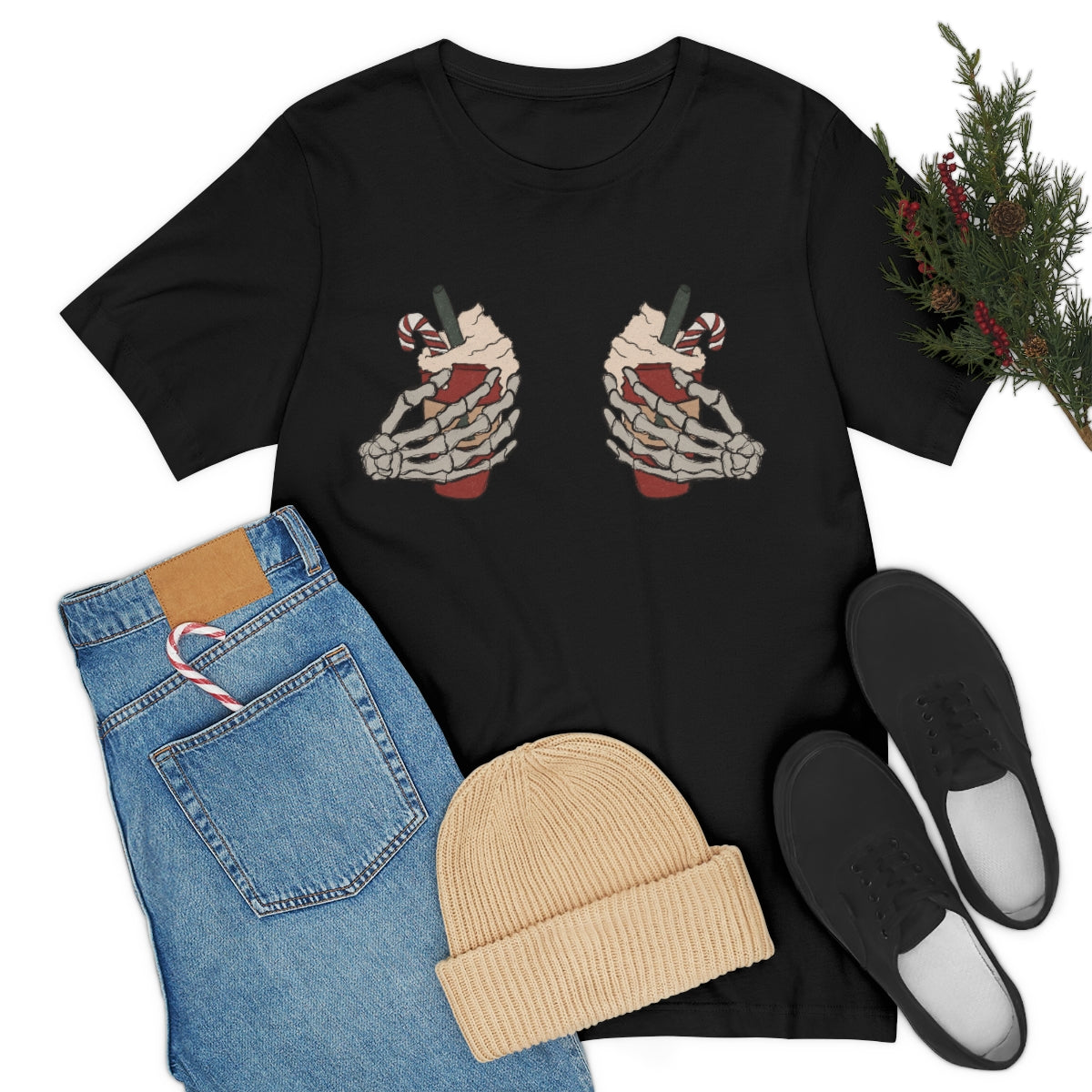 Skeleton Hands Starbucks Cups Breasts Funny Christmas Holiday Tshirt