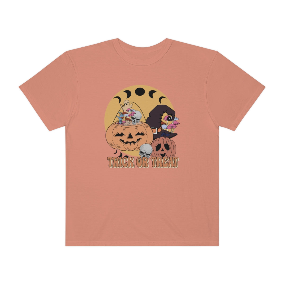 Trick or Treat Retro Vintage Style Halloween Teeshirt Design on Unisex Garment-Dyed T-shirt