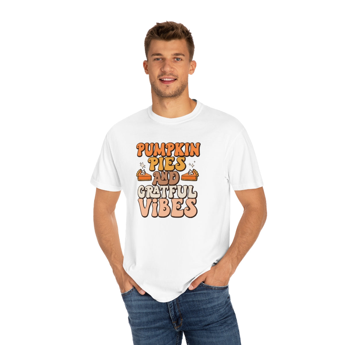 Pumpkin Pies & Grateful Vibes Thanksgiving TeeShirt Design | Thanksgiving T-Shirt | Retro Thanksgiving Shirt Design | Thanksgiving TShirt | Thanksgiving Lover Shirt | Funny Thanksgiving Tee Shirt Design on Unisex Garment-Dyed T-shirt