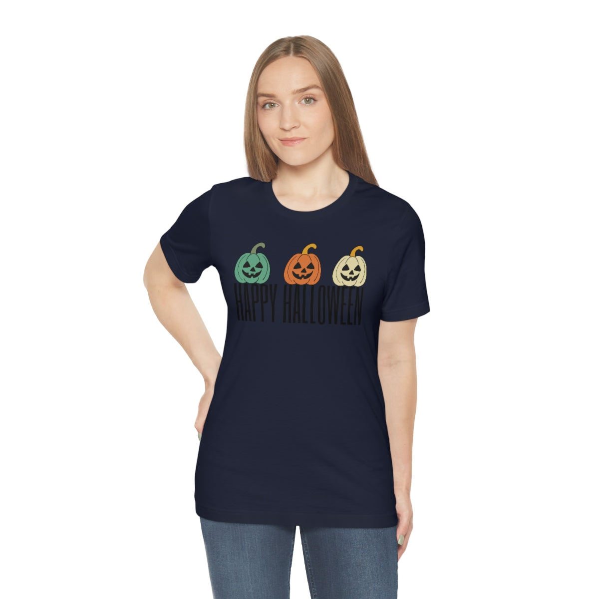 Three Pumpkins Retro Cute Happy Halloween TShirt Design on Unisex Jersey Short Sleeve Tee