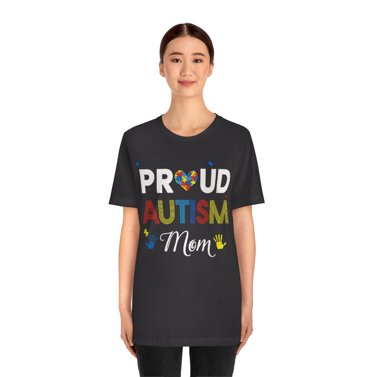 Proud Autism Mom with Handprints Puzzle Pieces Tshirt