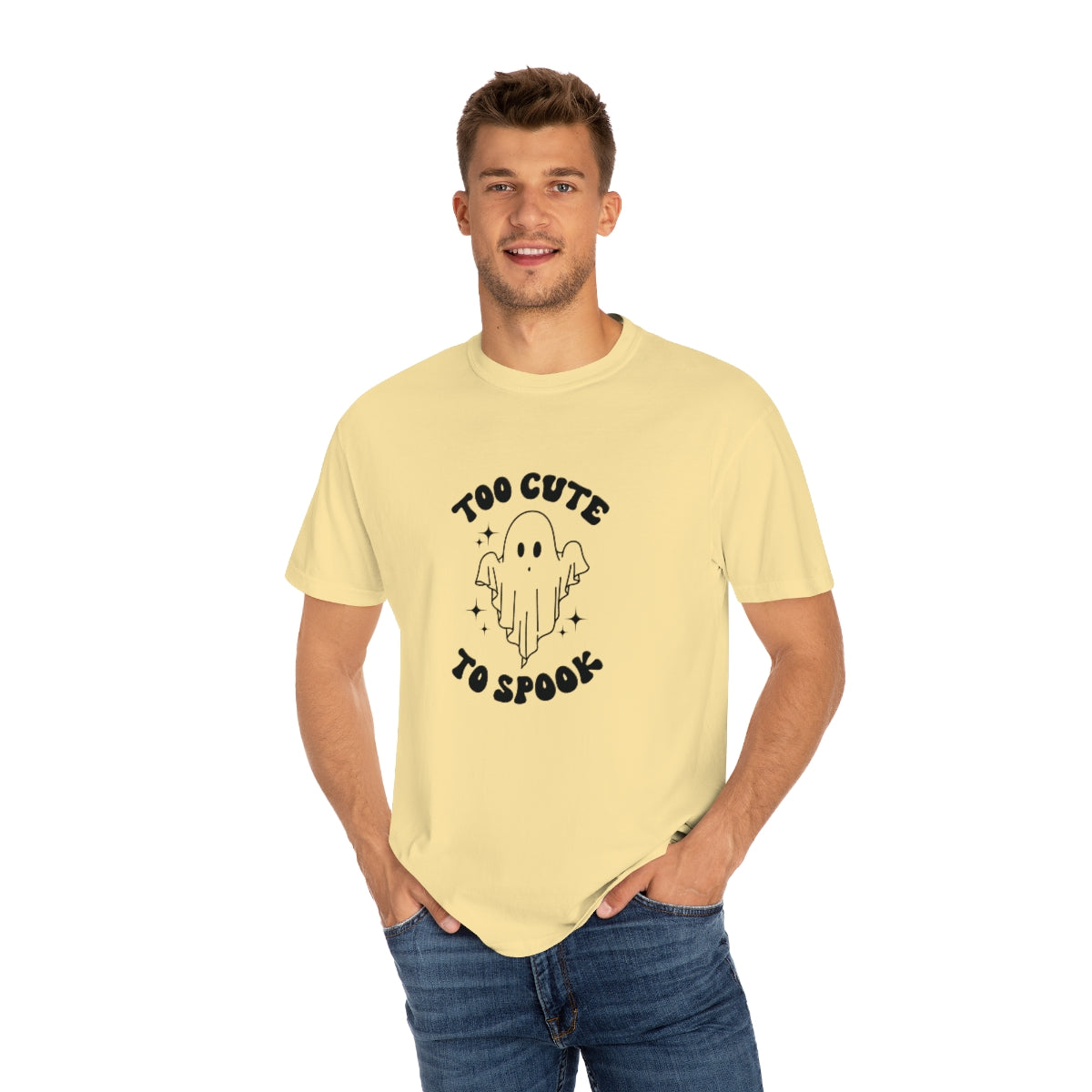 Too Cute to Spook Ghost Halloween Tshirt Design on Unisex Garment-Dyed T-shirt