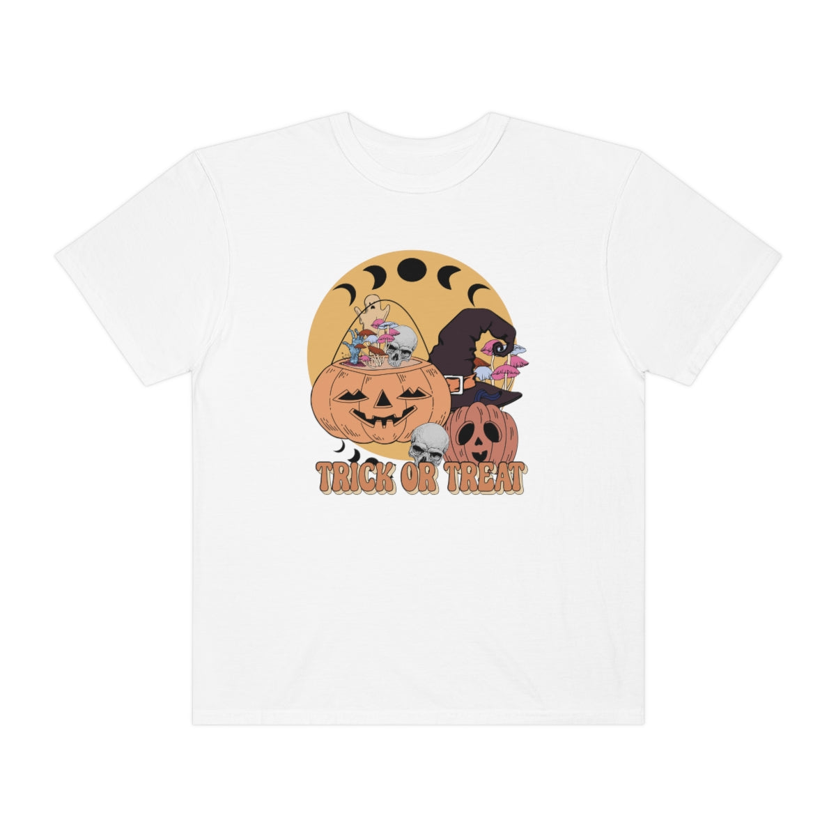 Trick or Treat Retro Vintage Style Halloween Teeshirt Design on Unisex Garment-Dyed T-shirt