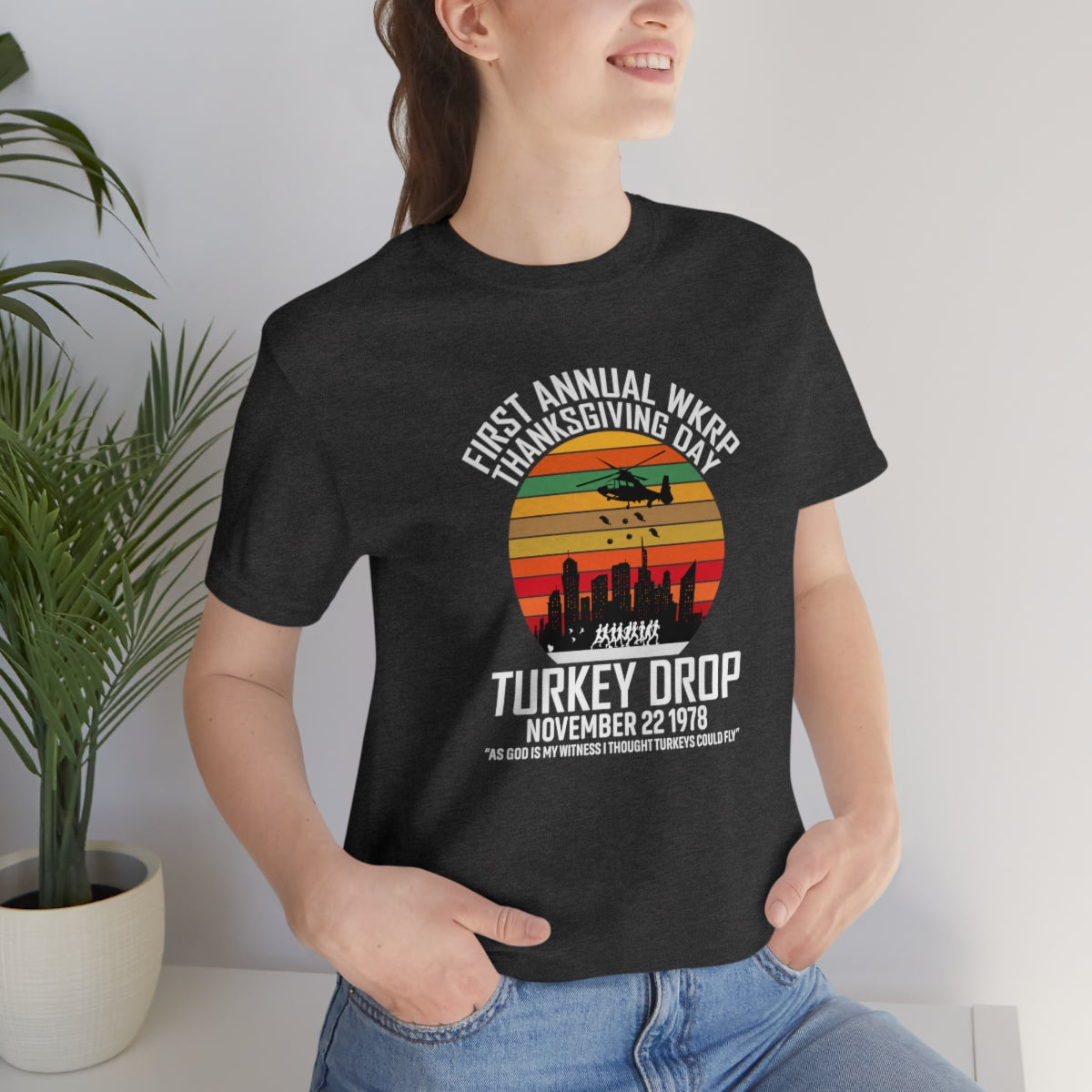 WKRP Turkey Drop Thanksgiving Teeshirt on Unisex Jersey Short Sleeve Tee