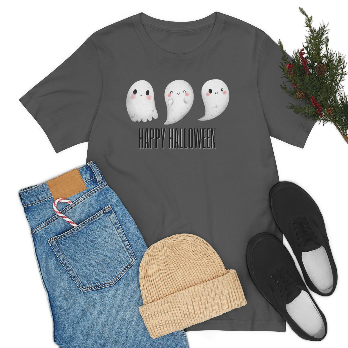 Three Ghosts Cute Happy Halloween Tshirt, Funny TShirt Design on Unisex Jersey Short Sleeve Tee