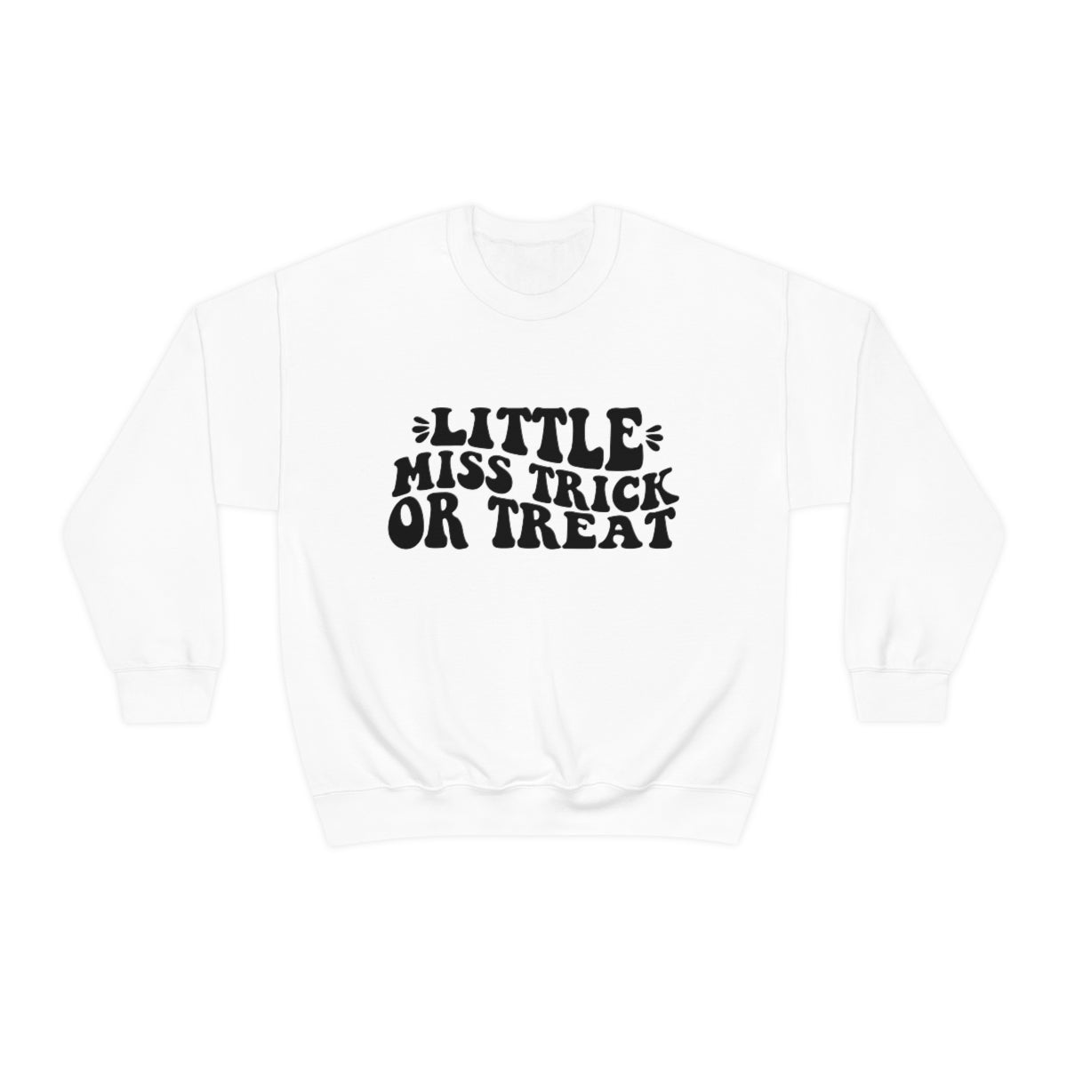 Little Miss Trick or Treat Halloween Sweatshirt, Crewneck Sweatshirt, Halloween Sweater, Spooky Season, Fall Theme on Unisex Heavy Blend™ Crewneck Sweatshirt