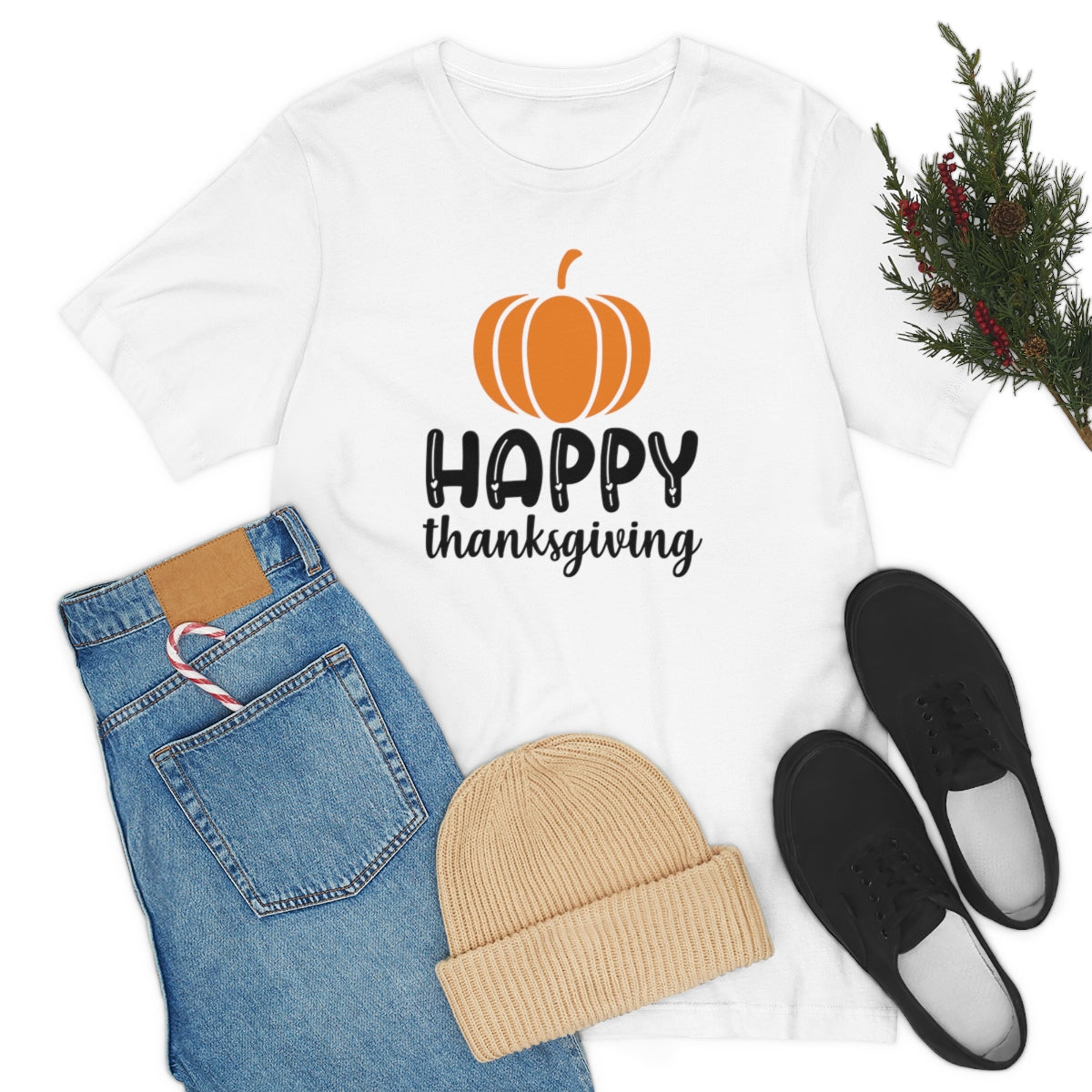 Happy Thanksgiving Pumpkin Tshirt Design | Thanksgiving TShirt | Thanksgiving T-Shirt | Thanksgiving Teeshirt Design on Unisex Jersey Short Sleeve Tee