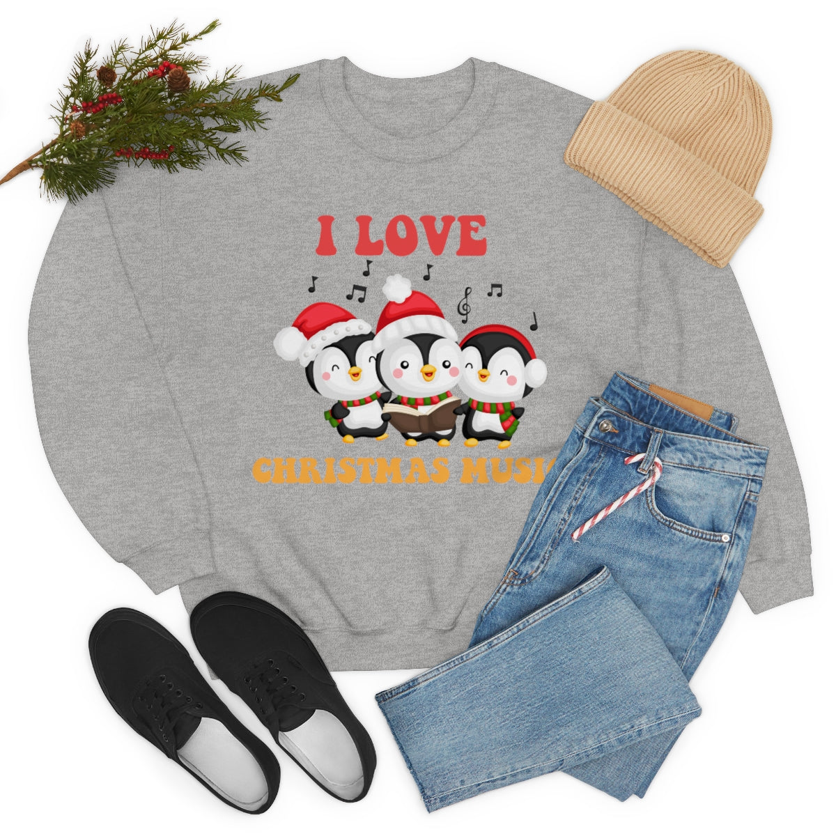 Cute I Love Christmas Music Singing Caroling Penguins Xmas Holiday Sweatshirt