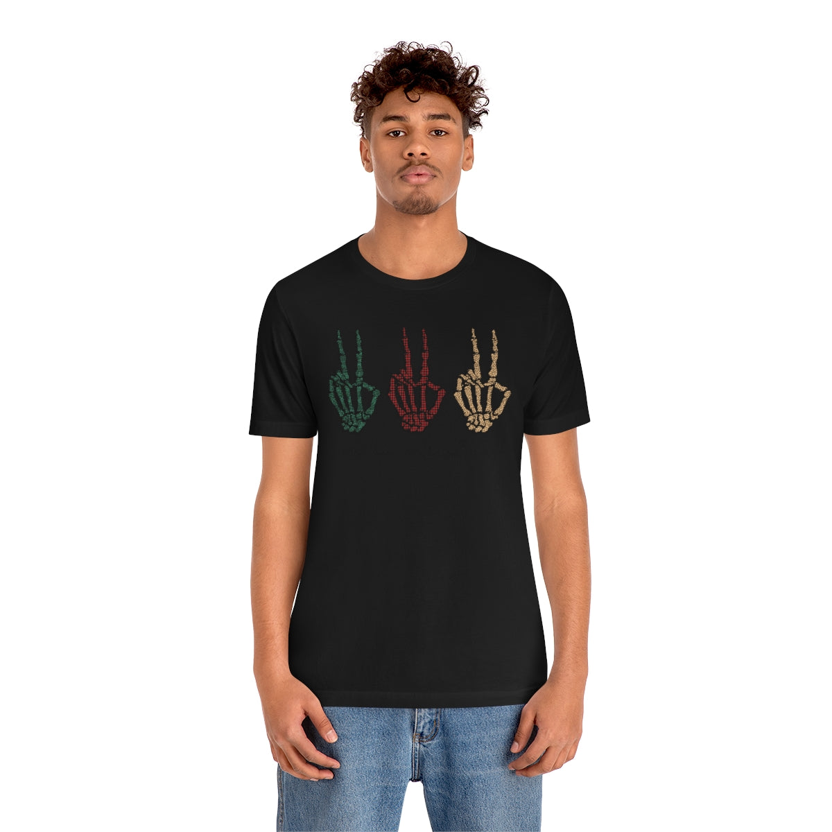 Three Peace Signs Skeleton Hands Spooky Merry Christmas Script Tshirt