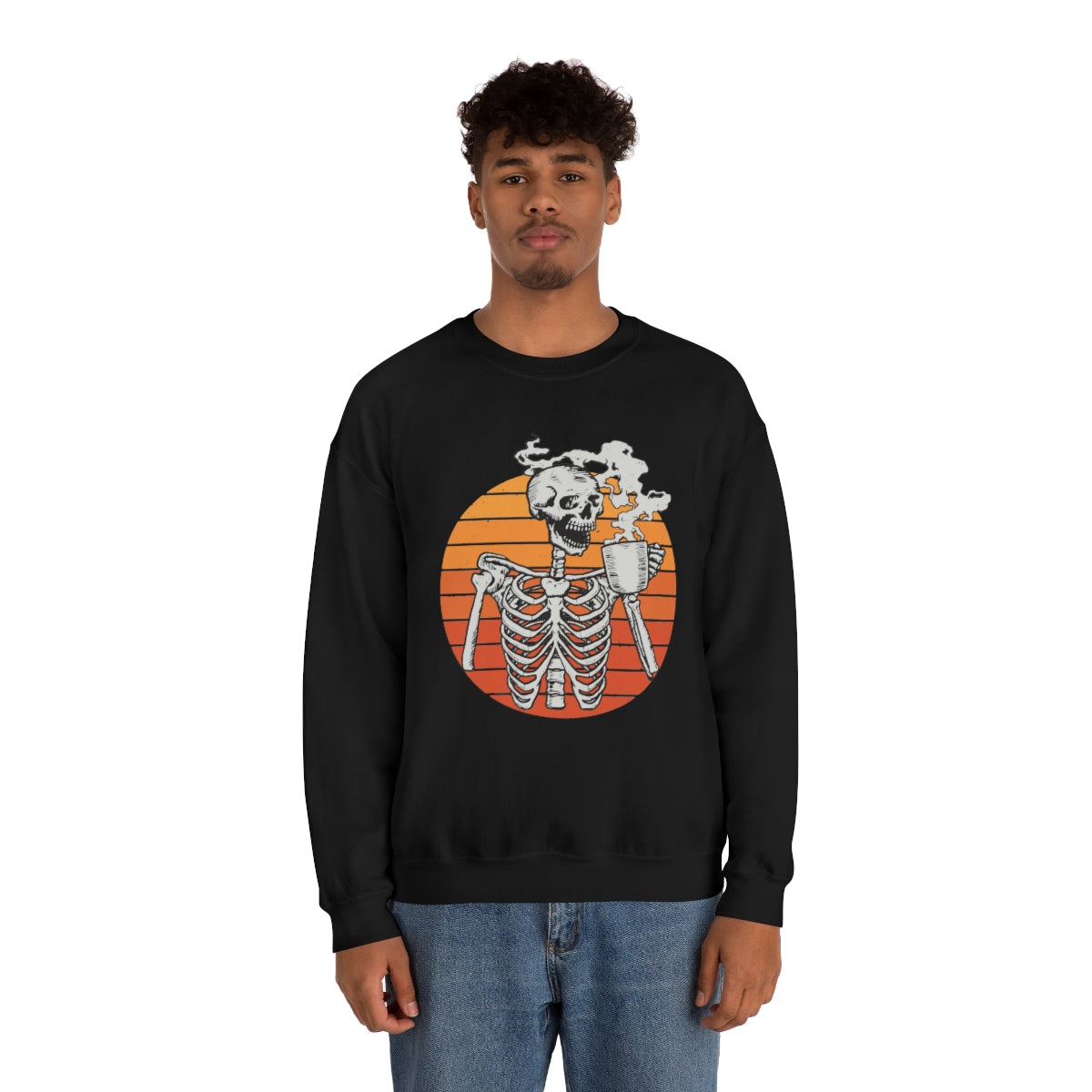 Skeleton Drinking Coffee Sweatshirt, Skeleton Sweater, Coffee Lover Sweatshirt, Halloween Crewneck Sweatshirt, Halloween Sweater, Spooky Season, Fall Shirts on Unisex Heavy Blend™ Crewneck Sweatshirt