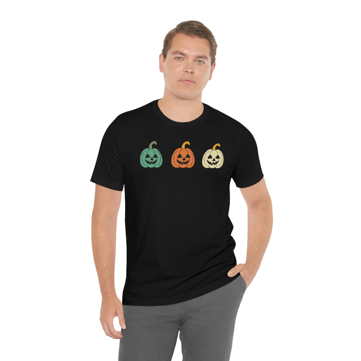 Three Pumpkins Retro Cute Happy Halloween TShirt Design on Unisex Jersey Short Sleeve Tee