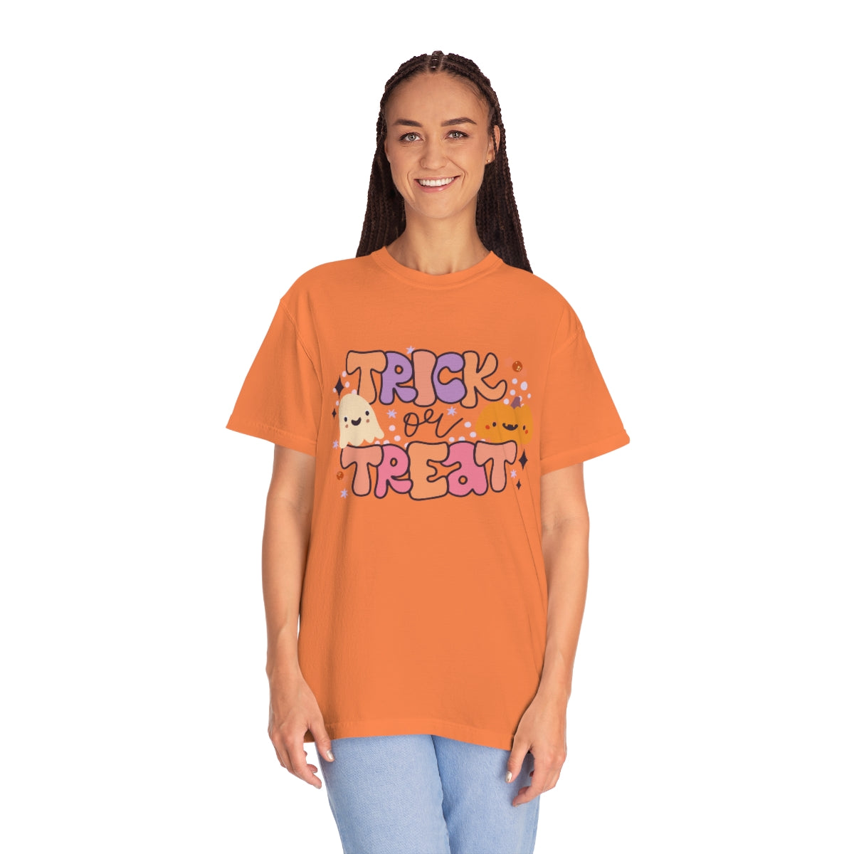 Trick or Treat Pumpkin Halloween Design, Halloween Tshirt, Funny Tshirt Design on Unisex Garment-Dyed T-shirt