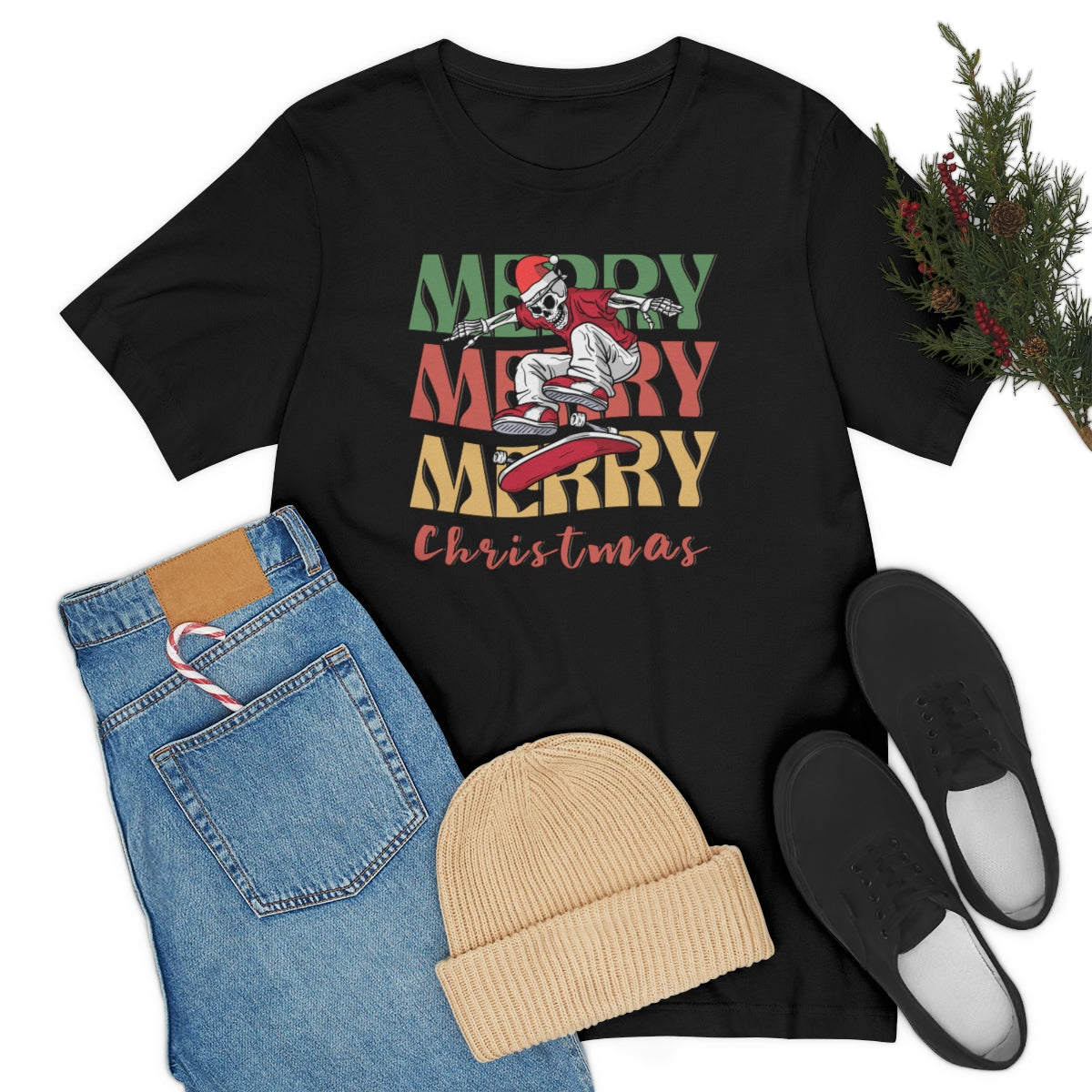 Merry Christmas Skeleton Skateboarding Retro Christmas Tshirt