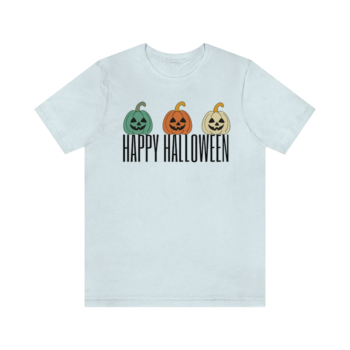 Three Pumpkins Retro Cute Happy Halloween TShirt Design on Unisex Jersey Short Sleeve Tee