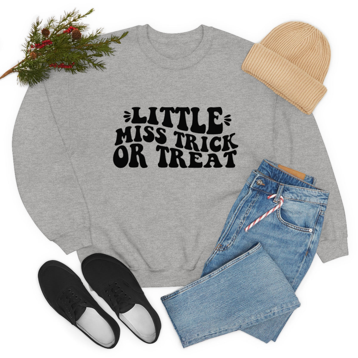 Little Miss Trick or Treat Halloween Sweatshirt, Crewneck Sweatshirt, Halloween Sweater, Spooky Season, Fall Theme on Unisex Heavy Blend™ Crewneck Sweatshirt