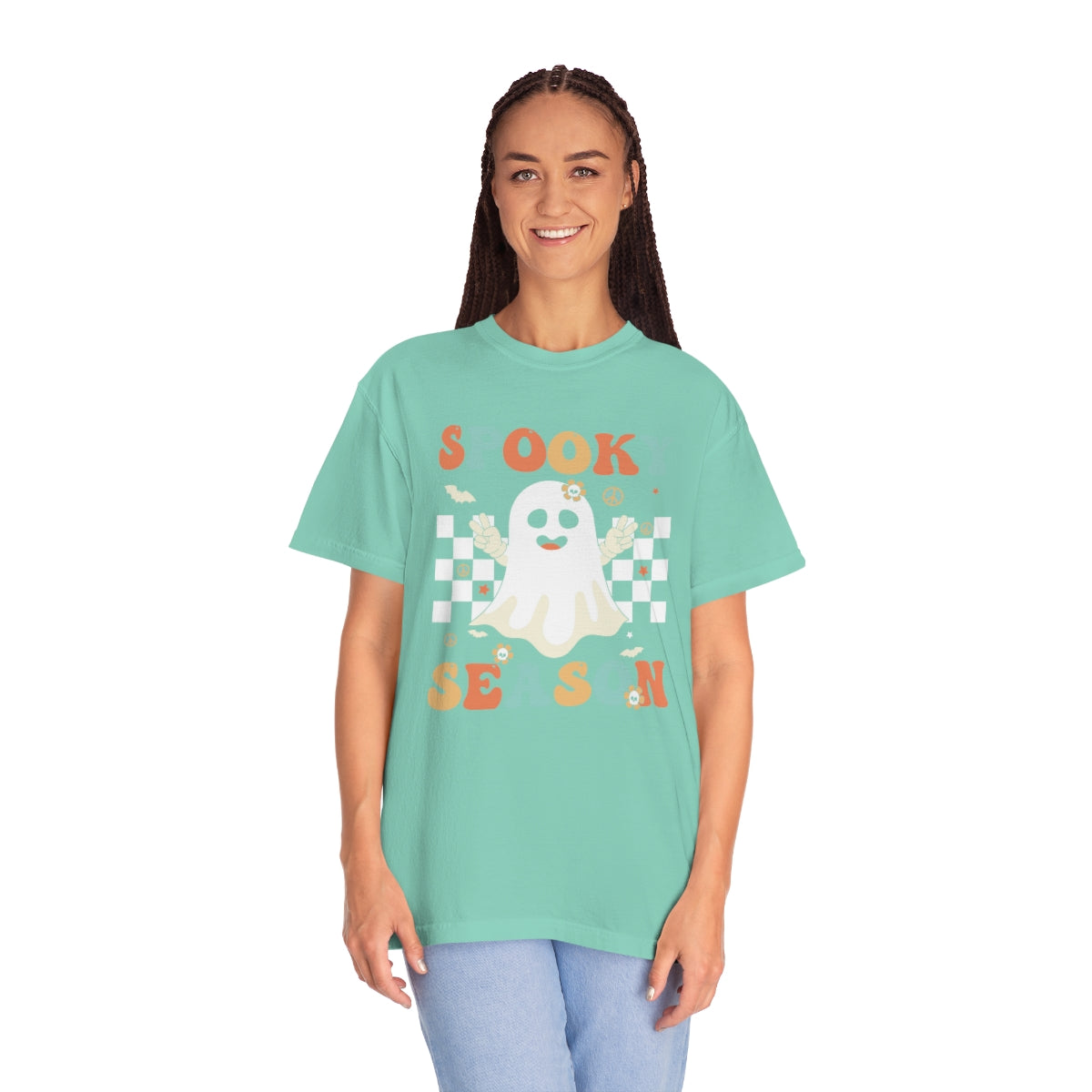 Spooky Season Halloween with Checkerboard Cute Retro Design, Halloween Tshirt, Funny Tshirt Design on Unisex Garment-Dyed T-shirt