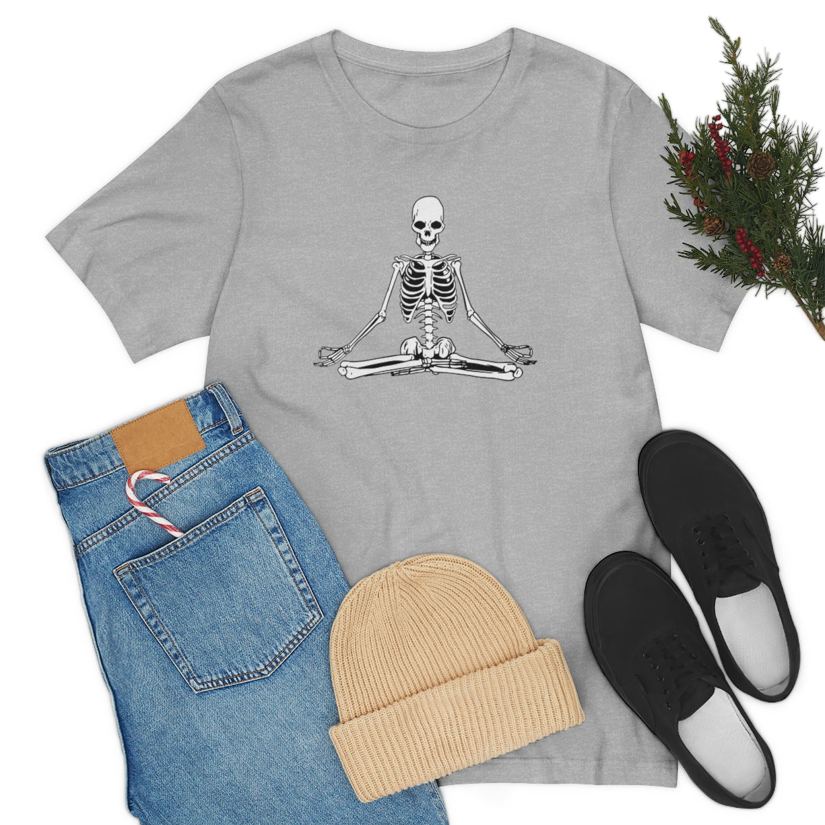 Meditating Yoga Skeleton TShirt, Funny Shirt, Namaste Skeleton, Halloween Lover Gift on Unisex Jersey Short Sleeve Tee