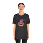Pumpkin with Purple Hat Happy Halloween Tshirt, Funny Halloween T-Shirt Design on Unisex Jersey Short Sleeve Tee