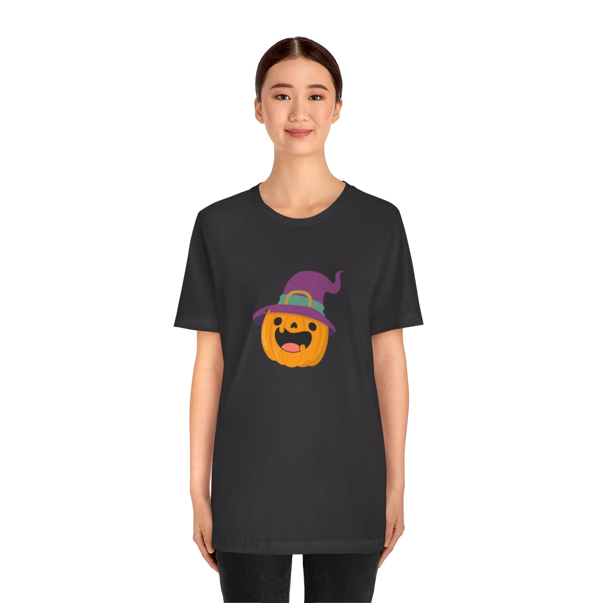 Pumpkin with Purple Hat Happy Halloween Tshirt, Funny Halloween T-Shirt Design on Unisex Jersey Short Sleeve Tee