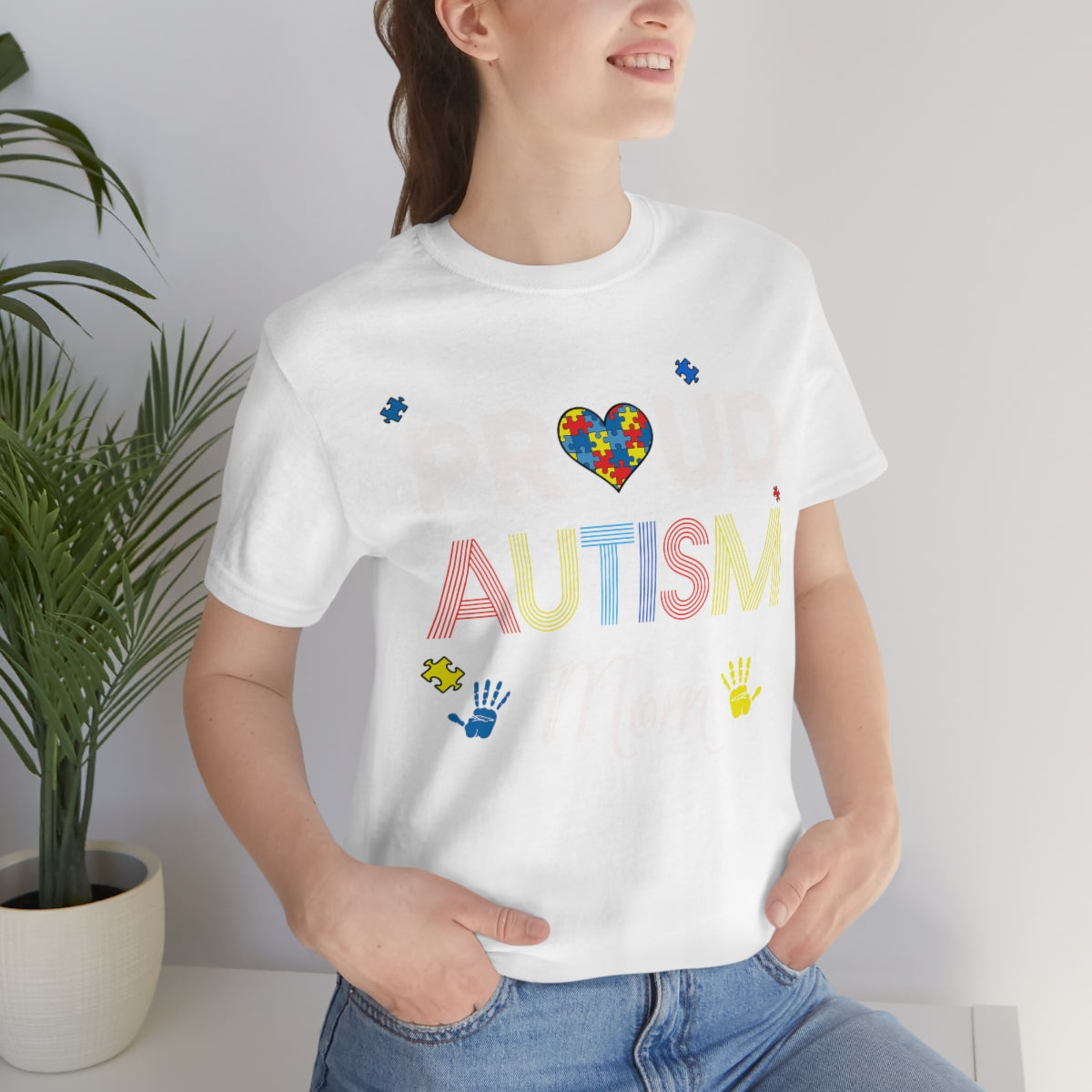 Proud Autism Mom with Handprints Puzzle Pieces Tshirt