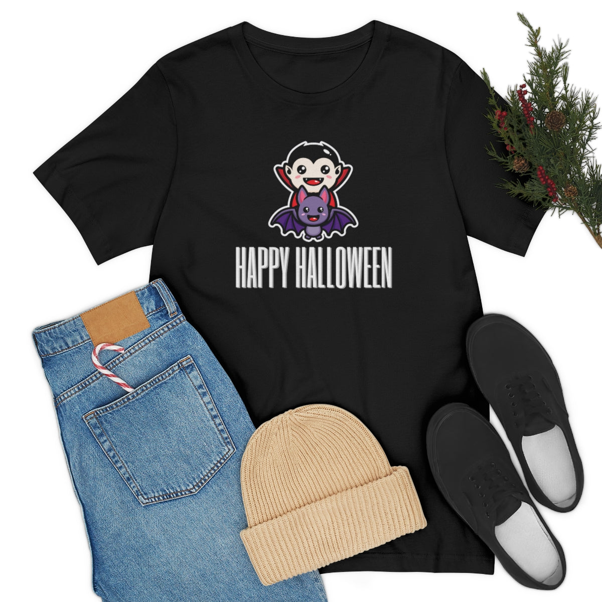 Dracula Bat Vampire Cute Happy Halloween Tshirt, Funny TShirt Design on Unisex Jersey Short Sleeve Tee