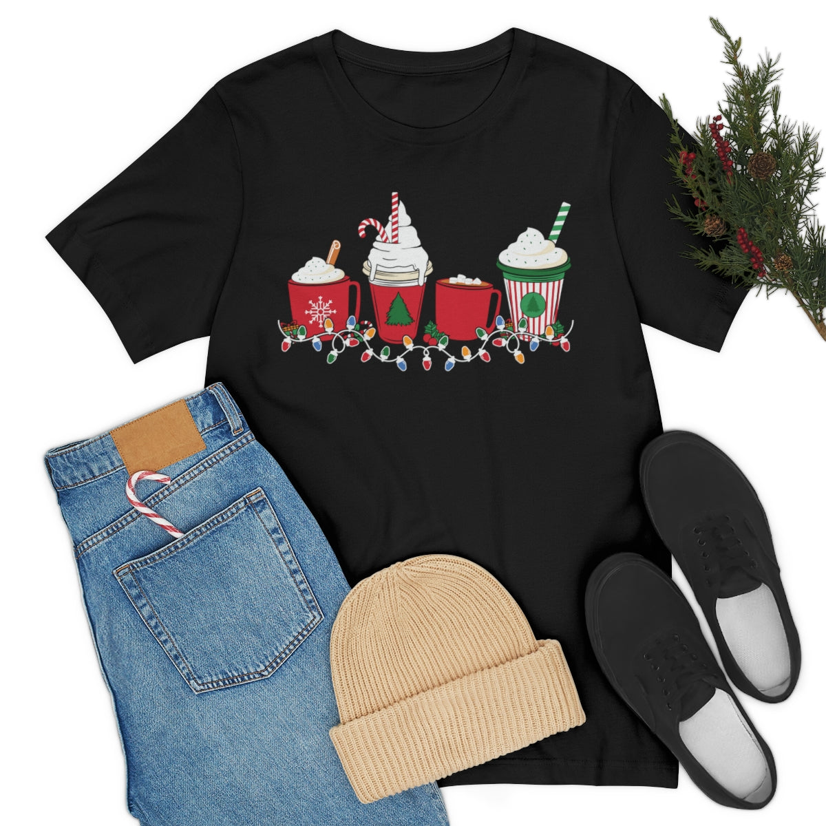 Starbucks Themed Peppermint Coffee Cups Christmas Holiday Tshirt