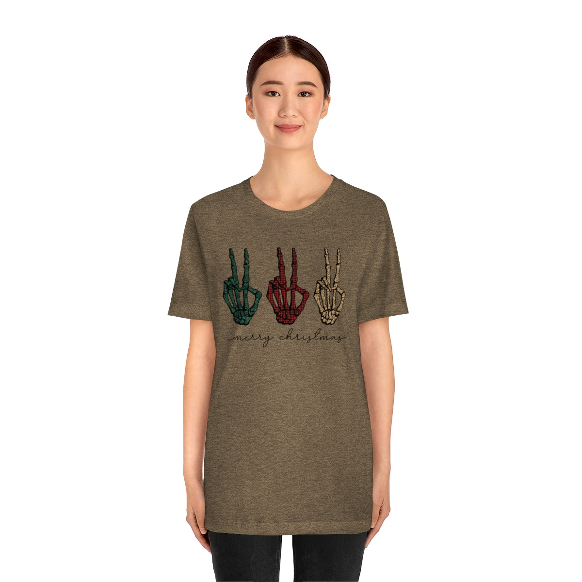 Three Peace Signs Skeleton Hands Spooky Merry Christmas Script Tshirt