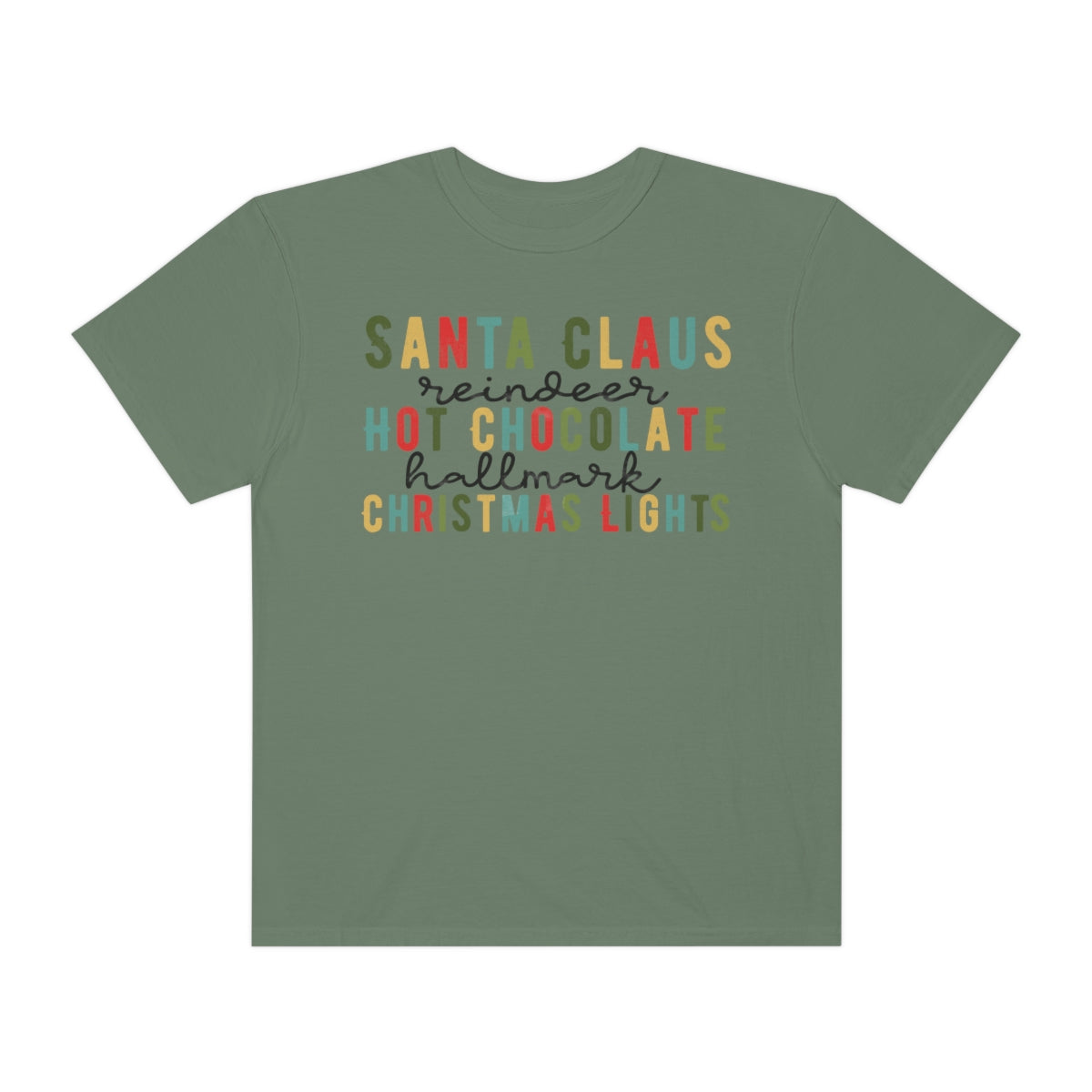 Santa Claus, Reindeer, Hot Chocolate, Hallmark & Christmas Lights Tshirt