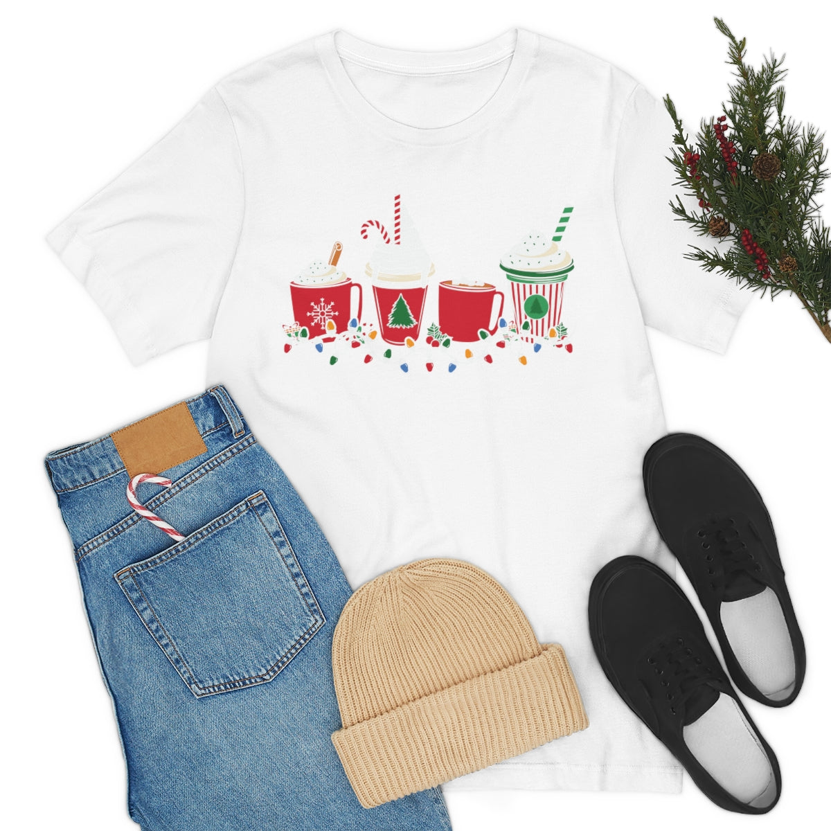 Starbucks Themed Peppermint Coffee Cups Christmas Holiday Tshirt