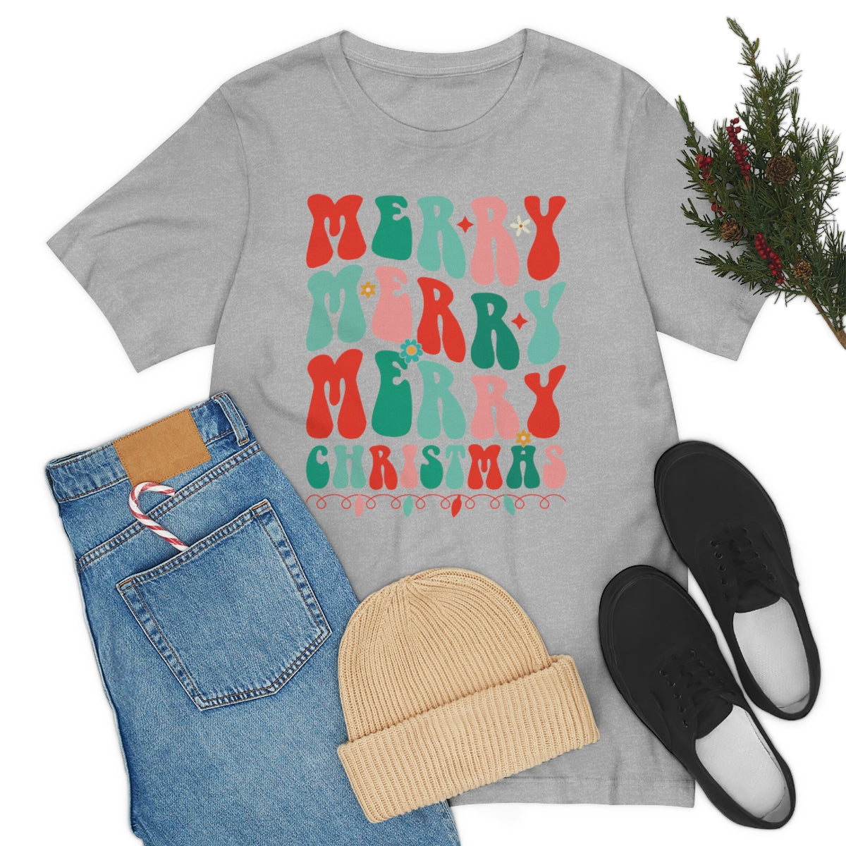 Retro Merry Merry Merry Christmas Xmas Holiday Tshirt