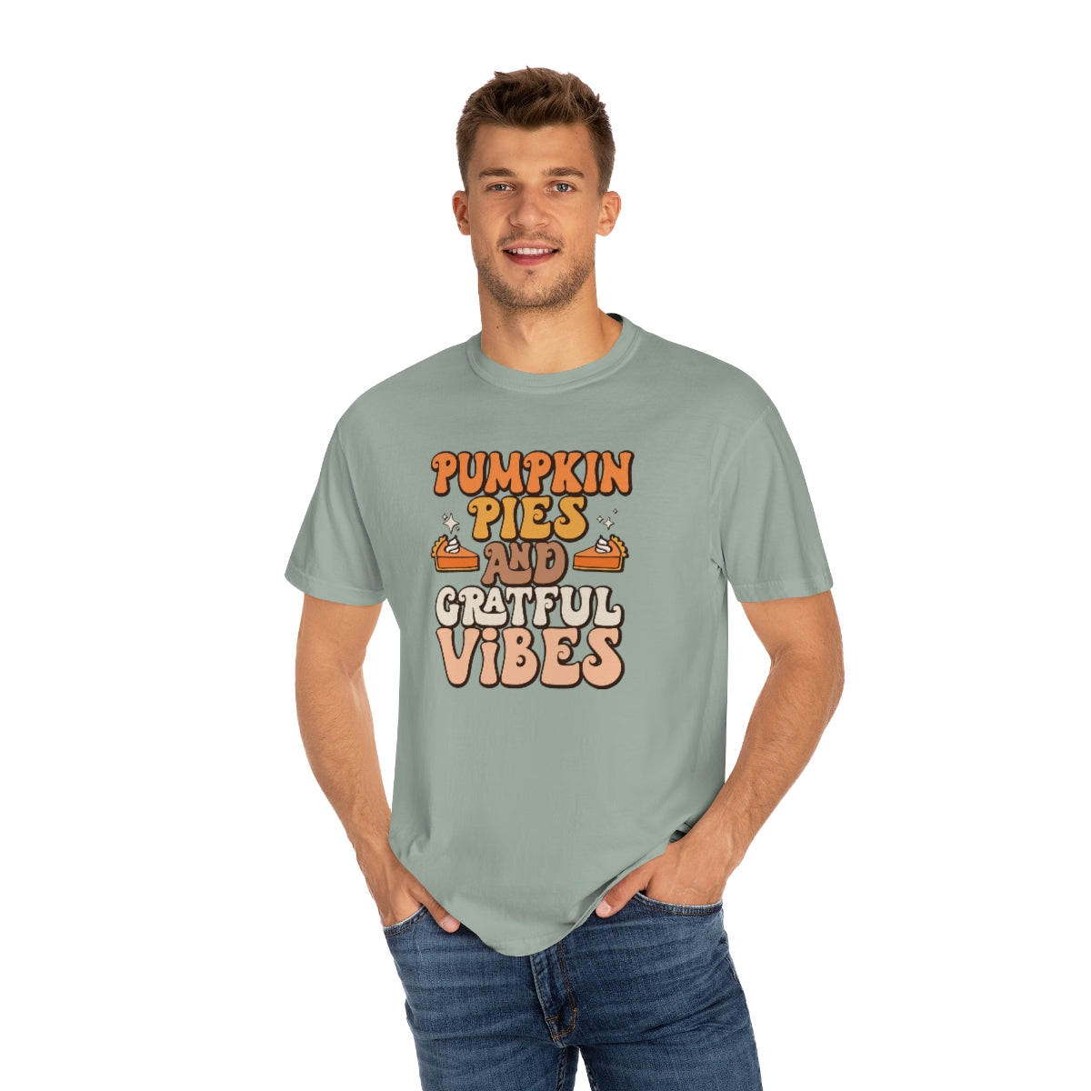 Pumpkin Pies & Grateful Vibes Thanksgiving TeeShirt Design | Thanksgiving T-Shirt | Retro Thanksgiving Shirt Design | Thanksgiving TShirt | Thanksgiving Lover Shirt | Funny Thanksgiving Tee Shirt Design on Unisex Garment-Dyed T-shirt